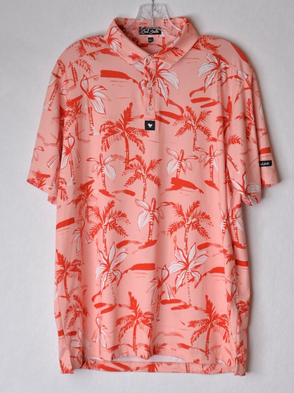 Bad Birdie Men’s Polo Shirt Large Pink Palm Tree Tropical Golf Stretch